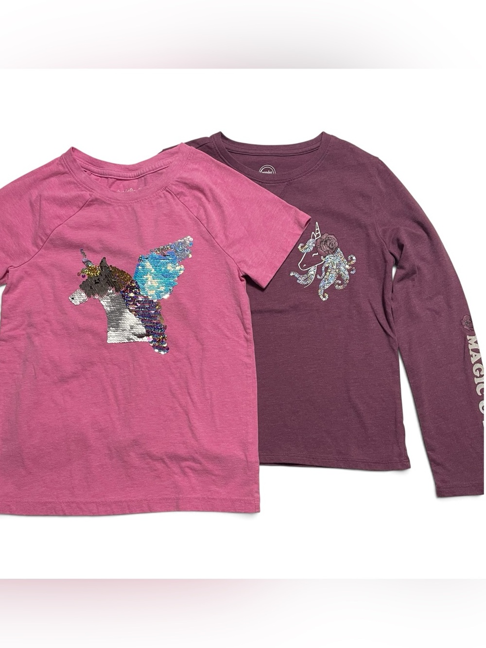 Lot 2 Girls' M 7-8 Sequined Unicorn Tees - Pink & Plum